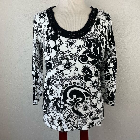 EUC Multiples Womens 3/4 Sleeve Foral Black and White Top Size M - Picture 1 of 7